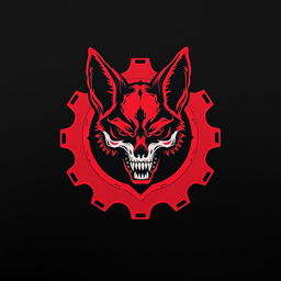 A pixel art drawing featuring a blood-red and black gear at the center, inside which lies a terrifying fox head