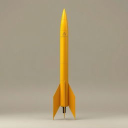 A tall, sleek rocket-missile designed with a vibrant golden hue that resembles the color of pee