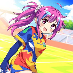 Anime girl wearing a colorful football (soccer) jersey, with vibrant hair and expressive eyes, standing in a playful pose