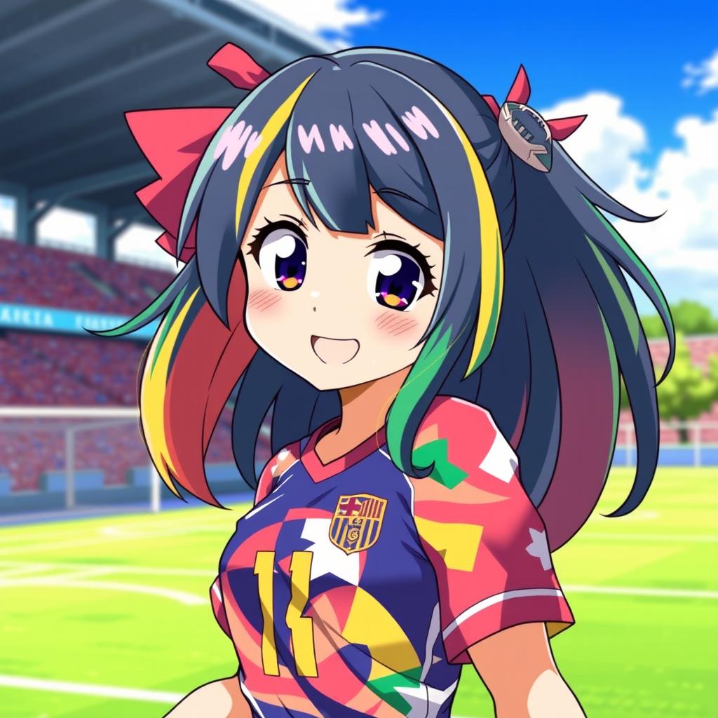 Anime girl wearing a colorful football (soccer) jersey, with vibrant hair and expressive eyes, standing in a playful pose