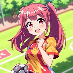 Anime girl wearing a colorful football (soccer) jersey, with vibrant hair and expressive eyes, standing in a playful pose