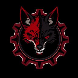 A blood-red and black gear featuring a terrifying fox head with dark red and black fur, infused with ligaments inside the gear