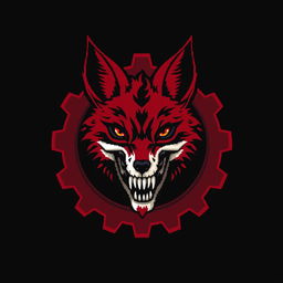 A blood-red and black gear featuring a terrifying fox head with dark red and black fur, infused with ligaments inside the gear