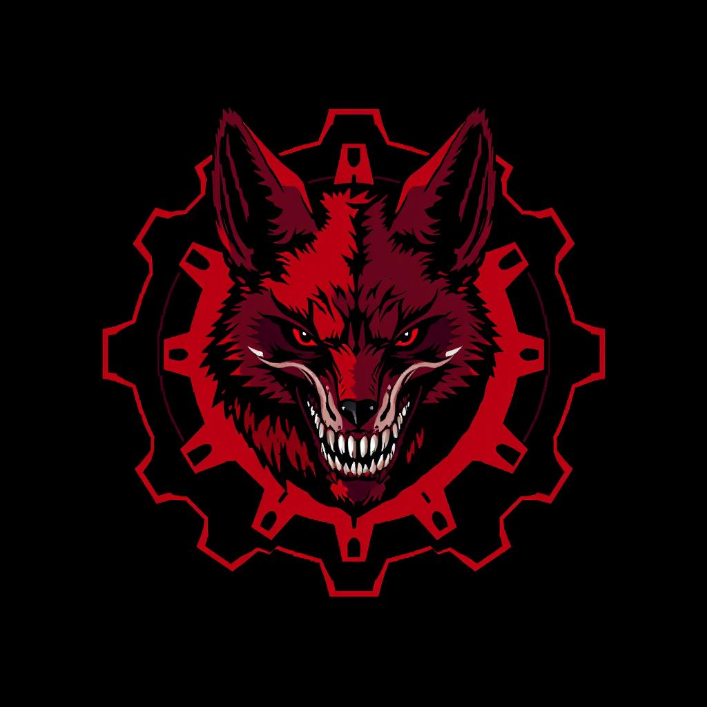 A blood-red and black gear featuring a terrifying fox head with dark red and black fur, infused with ligaments inside the gear