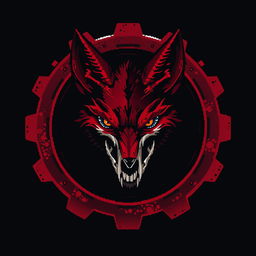 A blood-red and black gear featuring a terrifying fox head with dark red and black fur, infused with ligaments inside the gear