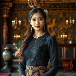 A stunning traditional black Kebaya worn by a beautiful young woman, embodying the elegance and grace of a princely figure from the Solo palace