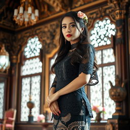 A stunning traditional black Kebaya worn by a beautiful young woman, embodying the elegance and grace of a princely figure from the Solo palace