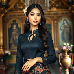 A stunning traditional black Kebaya worn by a beautiful young woman, embodying the elegance and grace of a princely figure from the Solo palace