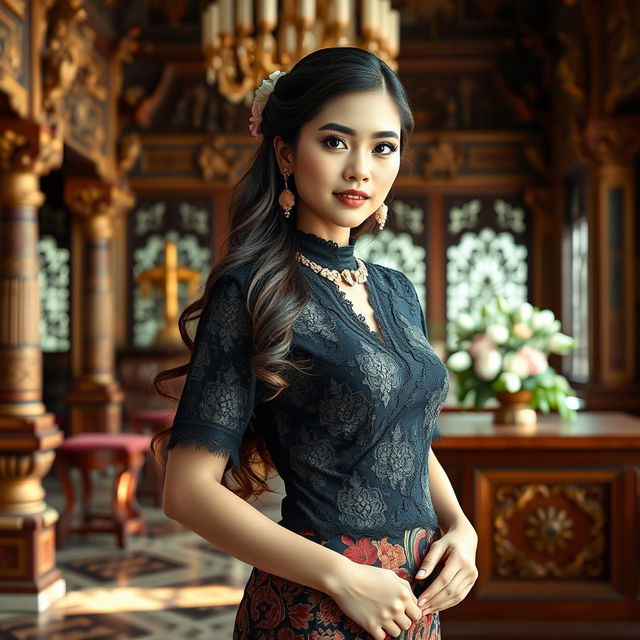 A stunning traditional black Kebaya worn by a beautiful young woman, embodying the elegance and grace of a princely figure from the Solo palace