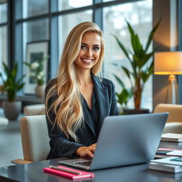 A stunning blonde woman in a stylish office environment