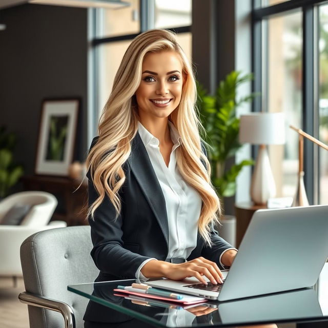 A stunning blonde woman in a stylish office environment