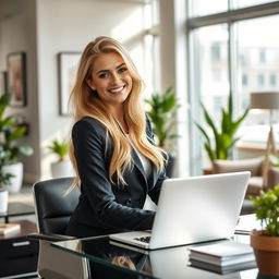 A stunning blonde woman in a stylish office environment