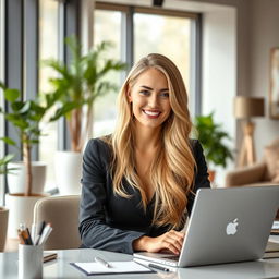 A stunning blonde woman in a stylish office environment