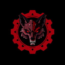 A pixel art style image featuring a blood-red and dark red gear, with black accents