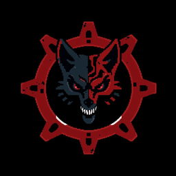A pixel art style image featuring a blood-red and dark red gear, with black accents