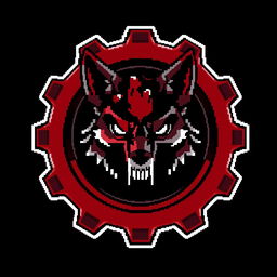A pixel art style image featuring a blood-red and dark red gear, with black accents