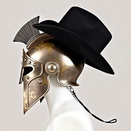 A side profile of a Spartan helmet combined with a black cowboy hat, showcasing a unique blend of ancient and modern styles