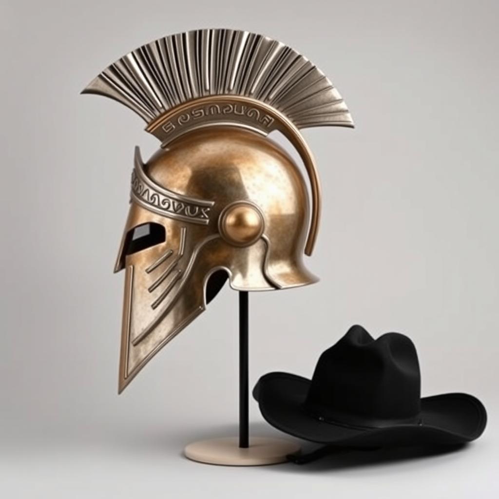 A side profile of a Spartan helmet combined with a black cowboy hat, showcasing a unique blend of ancient and modern styles