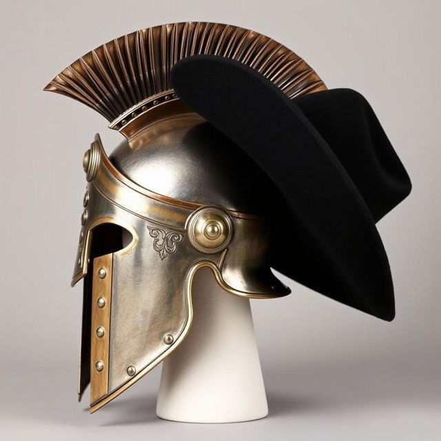 A side profile of a Spartan helmet combined with a black cowboy hat, showcasing a unique blend of ancient and modern styles