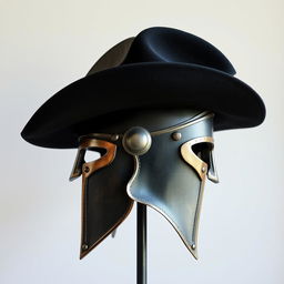A side profile of a Spartan helmet combined with a black cowboy hat, showcasing a unique blend of ancient and modern styles