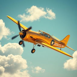 A stunning golden old-school airplane, featuring vintage design elements such as round wings, a propeller at the front, and classic riveted metal bodywork