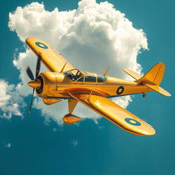 A stunning golden old-school airplane, featuring vintage design elements such as round wings, a propeller at the front, and classic riveted metal bodywork
