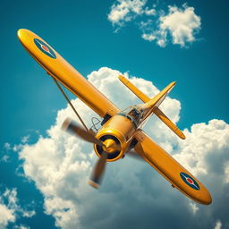 A stunning golden old-school airplane, featuring vintage design elements such as round wings, a propeller at the front, and classic riveted metal bodywork