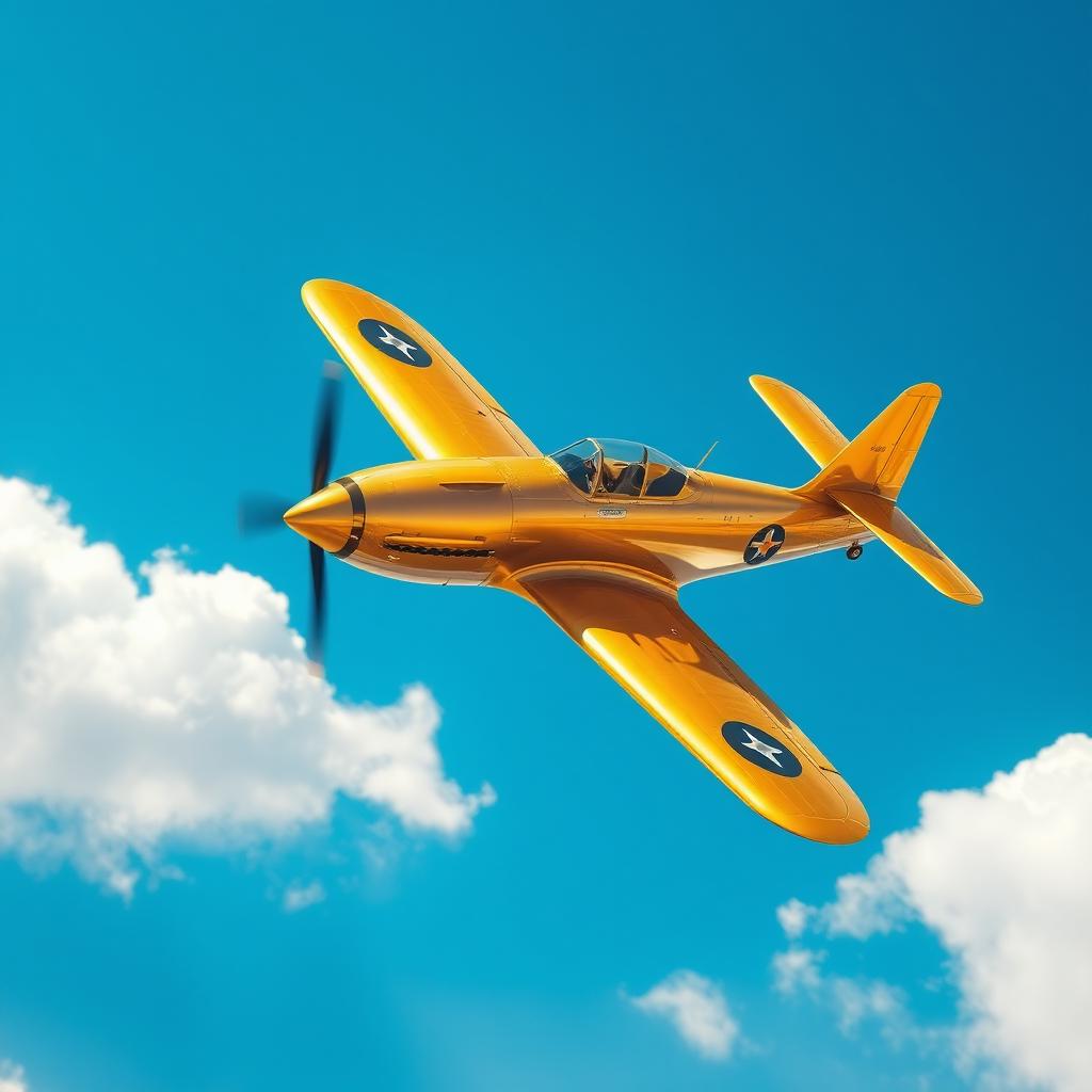 A stunning golden old-school airplane, featuring vintage design elements such as round wings, a propeller at the front, and classic riveted metal bodywork