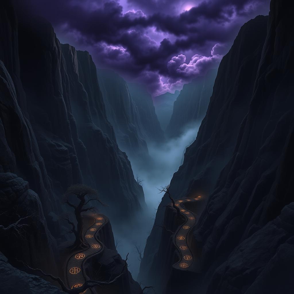 A vast and ominous canyon known as the Canyon of Shadows, featuring sheer black cliffs that tower high into the sky