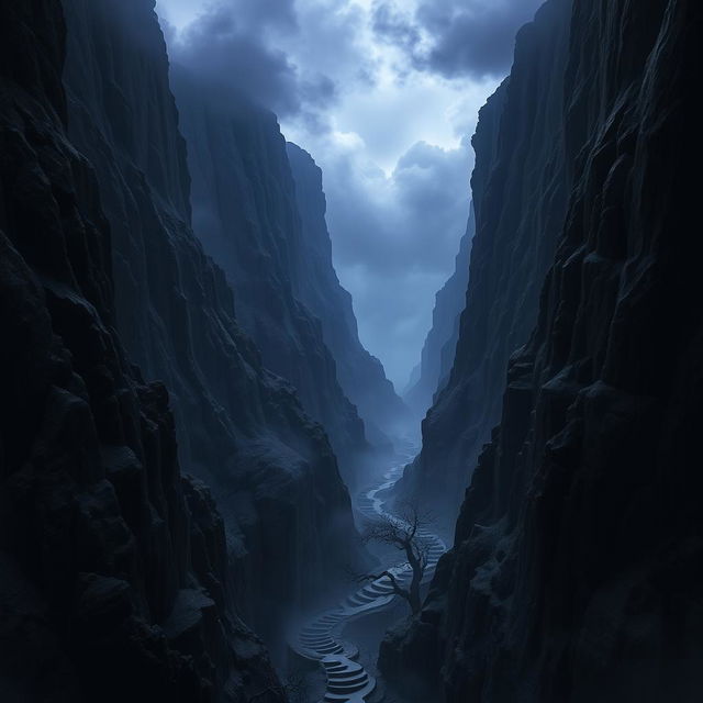 A vast and ominous canyon known as the Canyon of Shadows, featuring sheer black cliffs that tower high into the sky