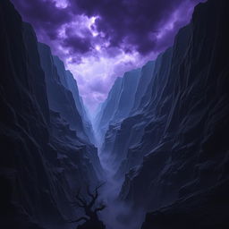 A vast and ominous canyon known as the Canyon of Shadows, featuring sheer black cliffs that tower high into the sky