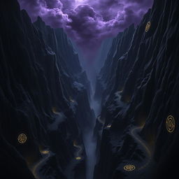 A vast and ominous canyon known as the Canyon of Shadows, featuring sheer black cliffs that tower high into the sky