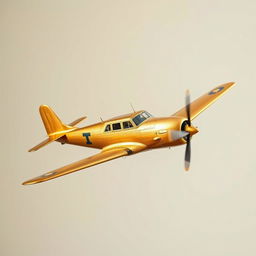 A golden old-school airplane, vintage design with retro features, flying gracefully against a plain background
