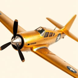 A golden old-school airplane, vintage design with retro features, flying gracefully against a plain background
