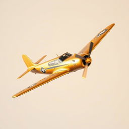 A golden old-school airplane, vintage design with retro features, flying gracefully against a plain background