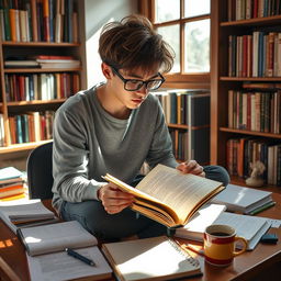 A student sitting on a desk, deeply engaged in reading a book, surrounded by a cozy study environment