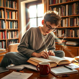 A student sitting on a desk, deeply engaged in reading a book, surrounded by a cozy study environment