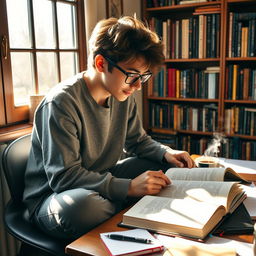 A student sitting on a desk, deeply engaged in reading a book, surrounded by a cozy study environment