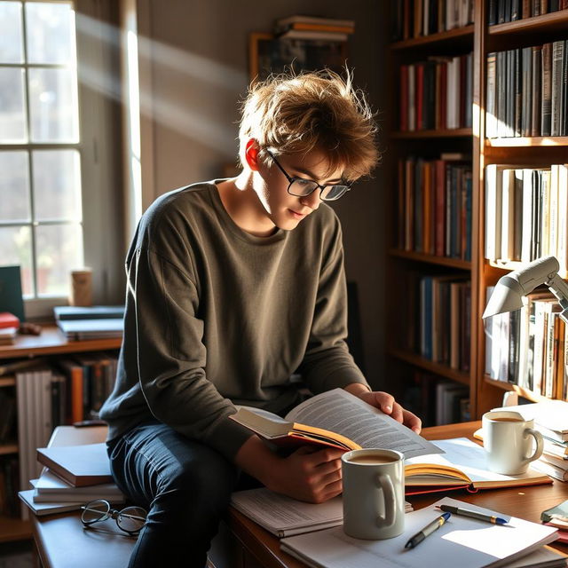 A student sitting on a desk, deeply engaged in reading a book, surrounded by a cozy study environment