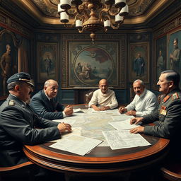 A surrealistic political collaboration scene featuring historical figures Adolf Hitler, Benito Mussolini, Mahatma Gandhi, and Joseph Stalin, seated together at a large round table in a lavish conference room