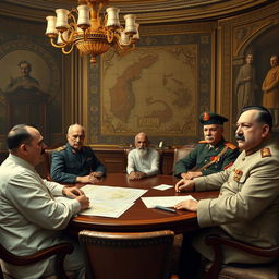 A surrealistic political collaboration scene featuring historical figures Adolf Hitler, Benito Mussolini, Mahatma Gandhi, and Joseph Stalin, seated together at a large round table in a lavish conference room
