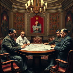 A surrealistic political collaboration scene featuring historical figures Adolf Hitler, Benito Mussolini, Mahatma Gandhi, and Joseph Stalin, seated together at a large round table in a lavish conference room