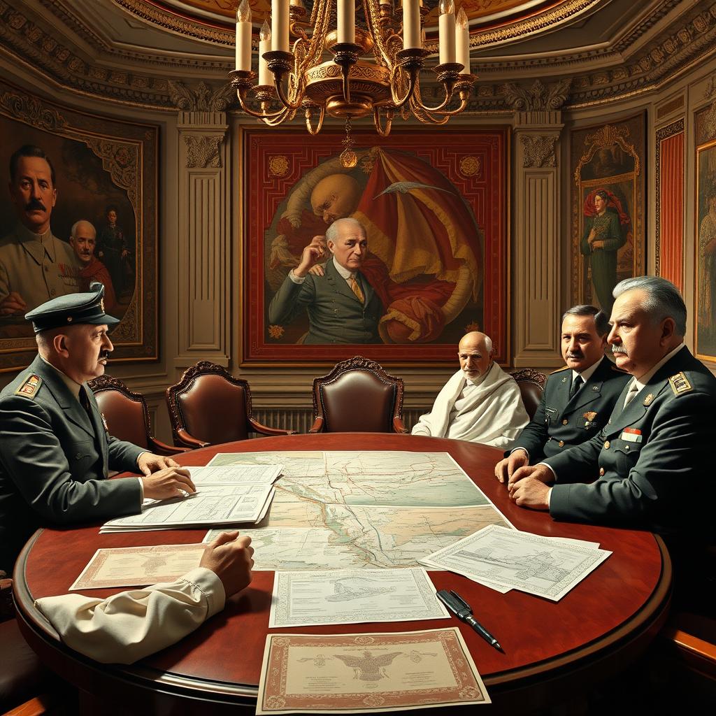 A surrealistic political collaboration scene featuring historical figures Adolf Hitler, Benito Mussolini, Mahatma Gandhi, and Joseph Stalin, seated together at a large round table in a lavish conference room