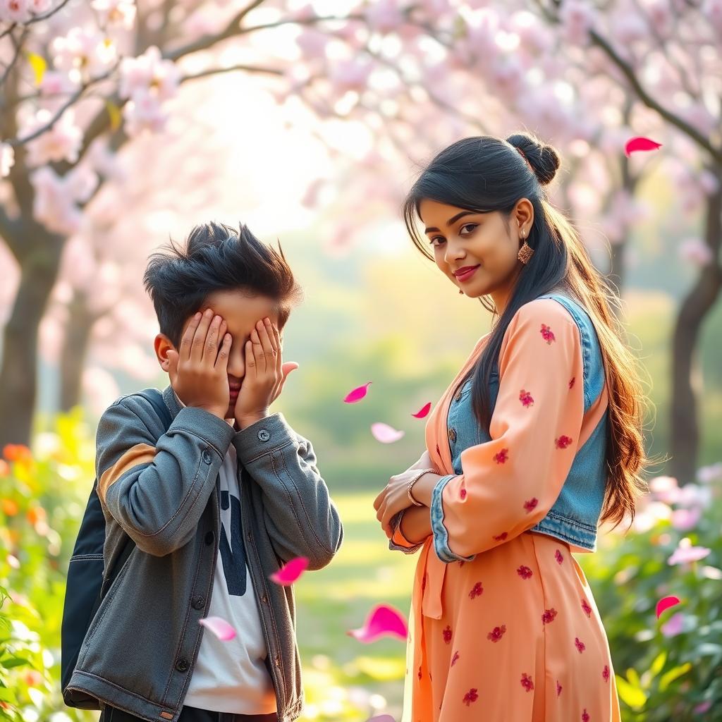 A cute Tamil boy with stylish hair, shyly covering his face with his hands in a moment of bashfulness, as a girl is sweetly confessing her love and proposing to him