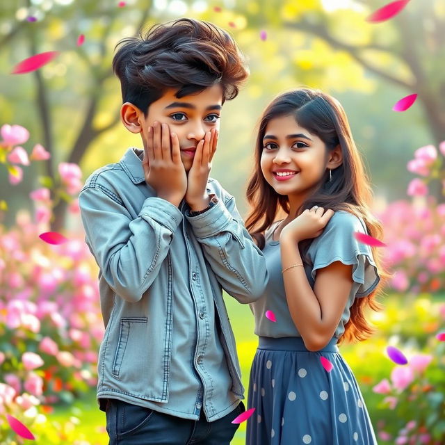 A cute Tamil boy with stylish hair, shyly covering his face with his hands in a moment of bashfulness, as a girl is sweetly confessing her love and proposing to him