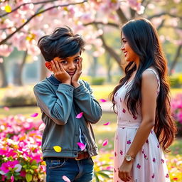 A cute Tamil boy with stylish hair, shyly covering his face with his hands in a moment of bashfulness, as a girl is sweetly confessing her love and proposing to him