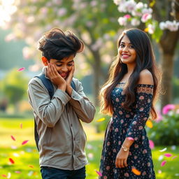 A cute Tamil boy with stylish hair, shyly covering his face with his hands in a moment of bashfulness, as a girl is sweetly confessing her love and proposing to him