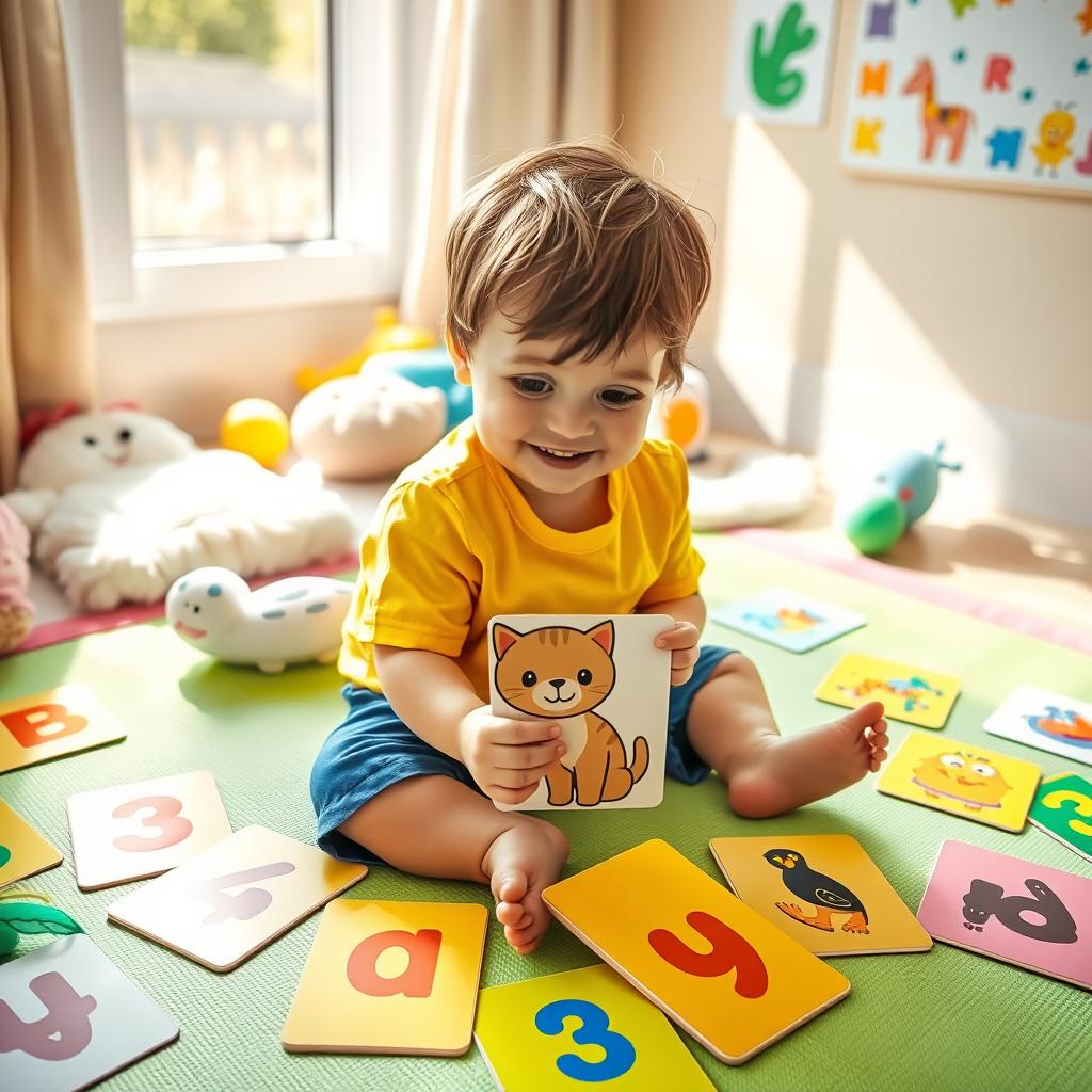 A joyful child sitting on a colorful mat, surrounded by vibrant flashcards featuring letters, numbers, and animals