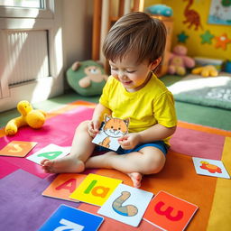A joyful child sitting on a colorful mat, surrounded by vibrant flashcards featuring letters, numbers, and animals