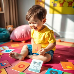 A joyful child sitting on a colorful mat, surrounded by vibrant flashcards featuring letters, numbers, and animals